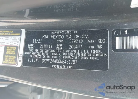 2022 Kia Forte Lxs z USA, uszkodzony, nr VIN 3KPF24AD0NE431787
